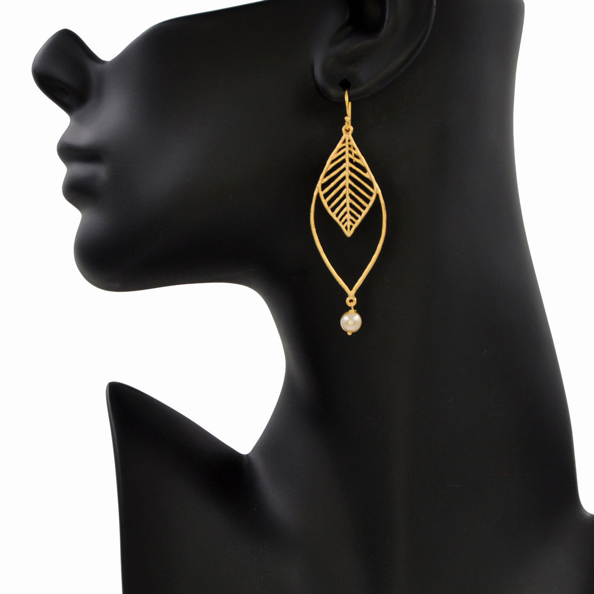 Chevron Double Leaf Pearl Earrings - 24K Gold Plated