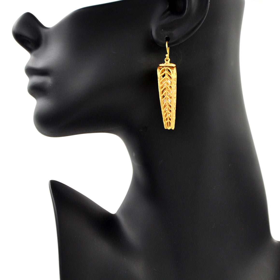 Caged Pearl Chevron Leaf Earrings - 24K Gold Plated