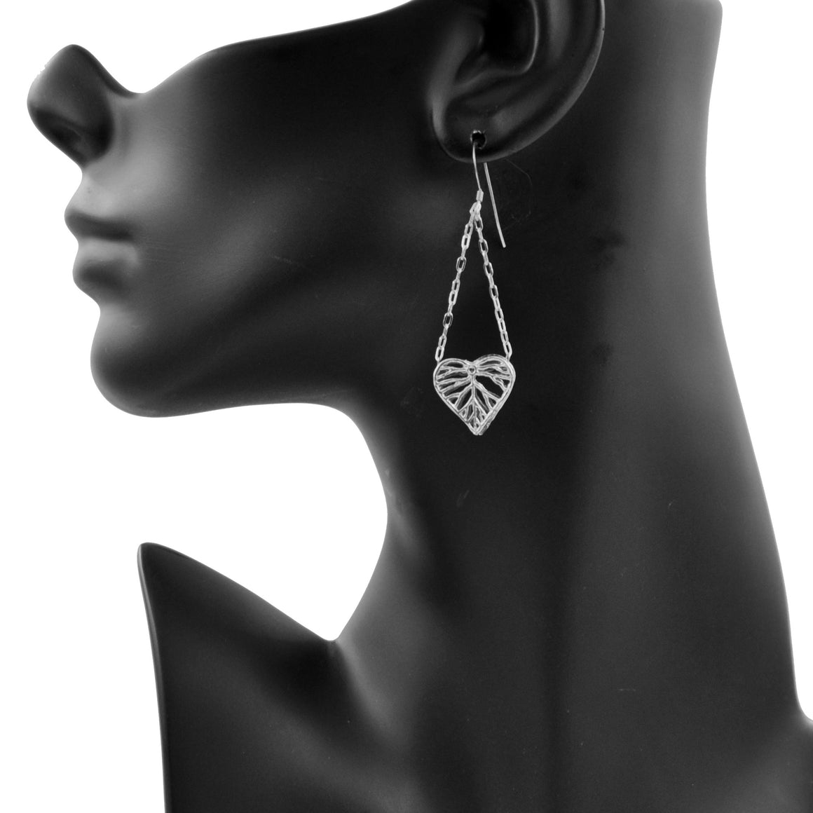 Heart Leaf Dimensional Dangling Earrings (Petite) - Platinum Silver