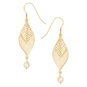 Chevron Leaf Pearl Earrings - 24K Gold Plated