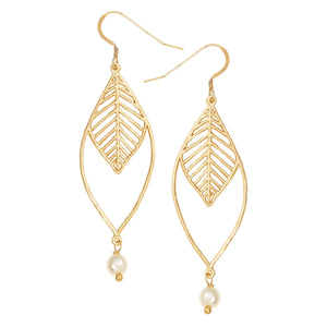 Chevron Double Leaf Pearl Earrings - 24K Gold Plated