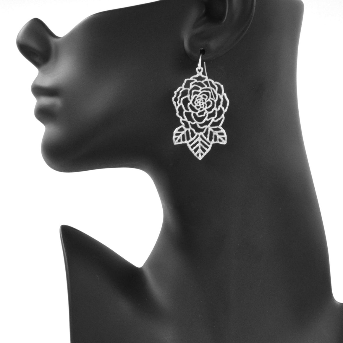 Rose and Leaves Earrings - Platinum Silver