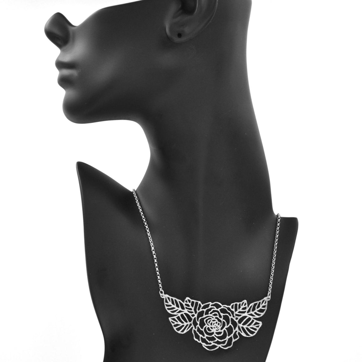 Rose Collar Necklace with Leaves - Platinum Silver