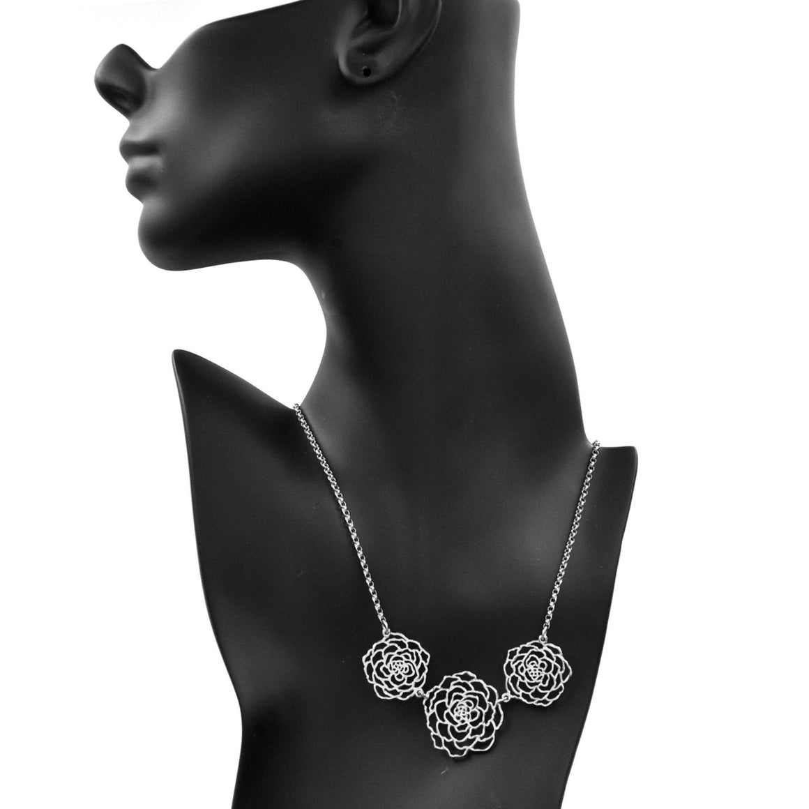 Rose Three Blooms Necklace - Platinum Silver